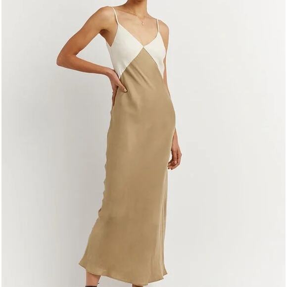 Dissh Seren Two-Tone Cream Tan Color Block Midi Slip Dress Size 2 - Picture 2 of 8